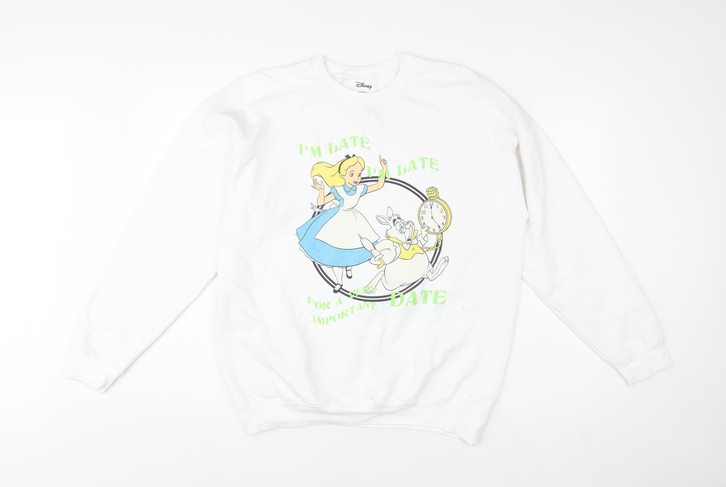 Disney Women's White Alice in Wonderland Sweatshirt L Graphic Print Pullover