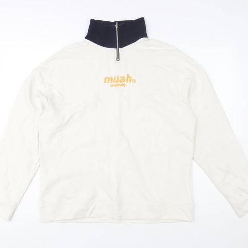 Muah Muah Unisex White 1/4 Zip Cotton Sweatshirt M
