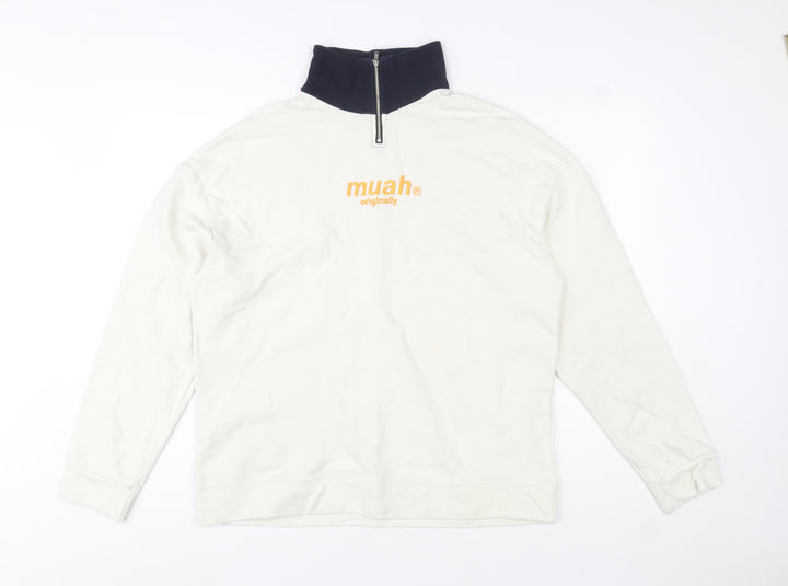 Muah Muah Unisex White 1/4 Zip Cotton Sweatshirt M