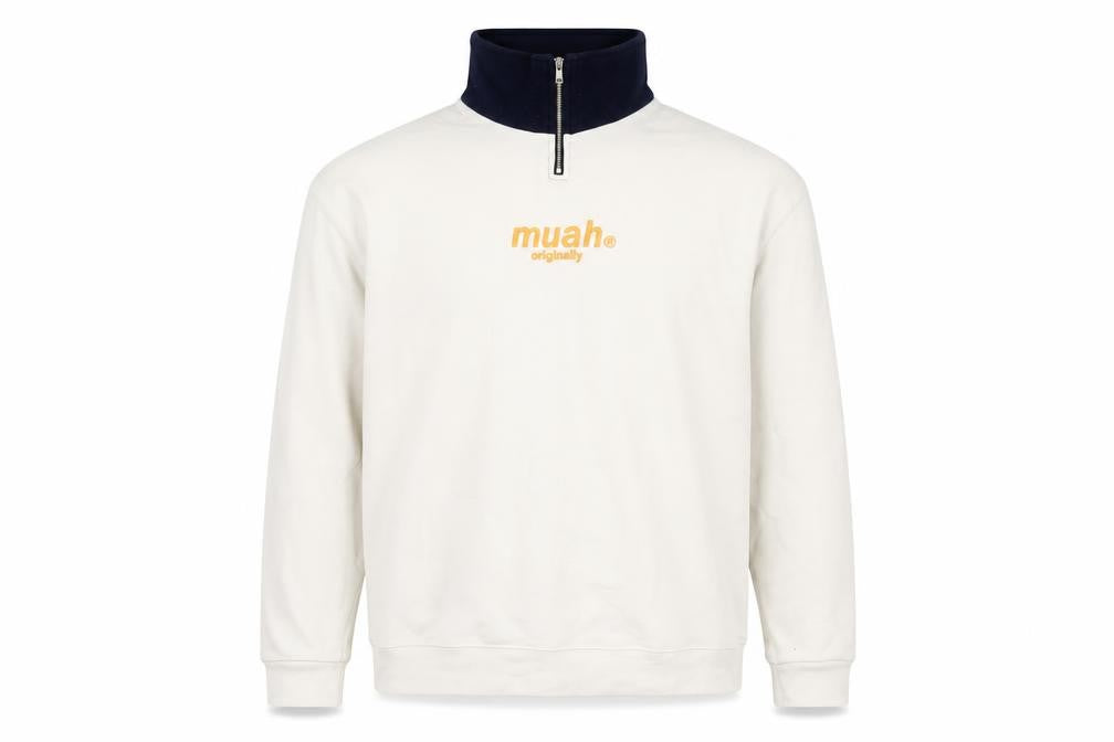 Front view of Muah Muah unisex white 1/4 zip cotton sweatshirt m