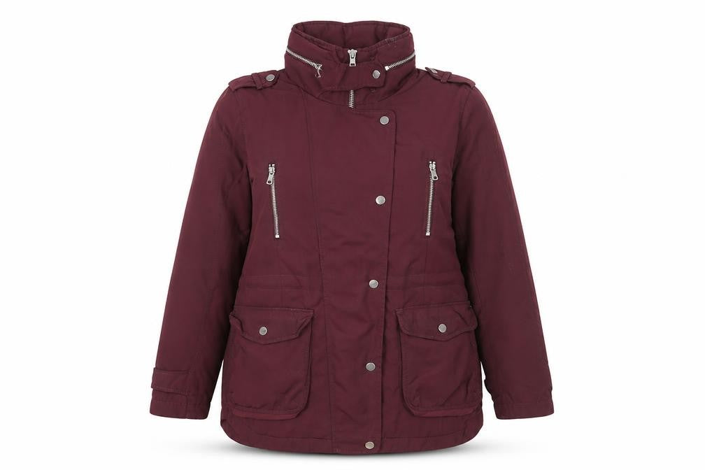 Front view of Next Women's Burgundy Parka Jacket, size 12, Lined Polyester Mid-Length