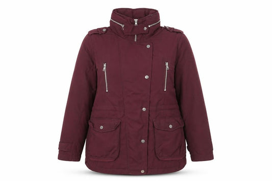 Front view of Next Women's Burgundy Parka Jacket, size 12, Lined Polyester Mid-Length