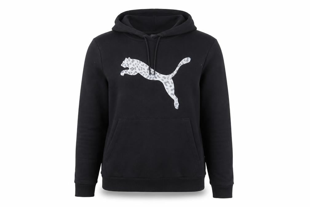 Front view of Puma women’s black leopard logo pullover hoodie, size M