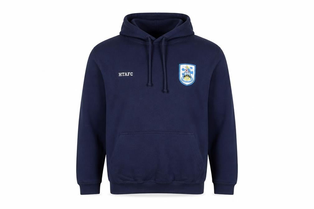 Front view of Huddersfield Town AFC Men’s Blue Pullover Hoodie Medium Regular Fit