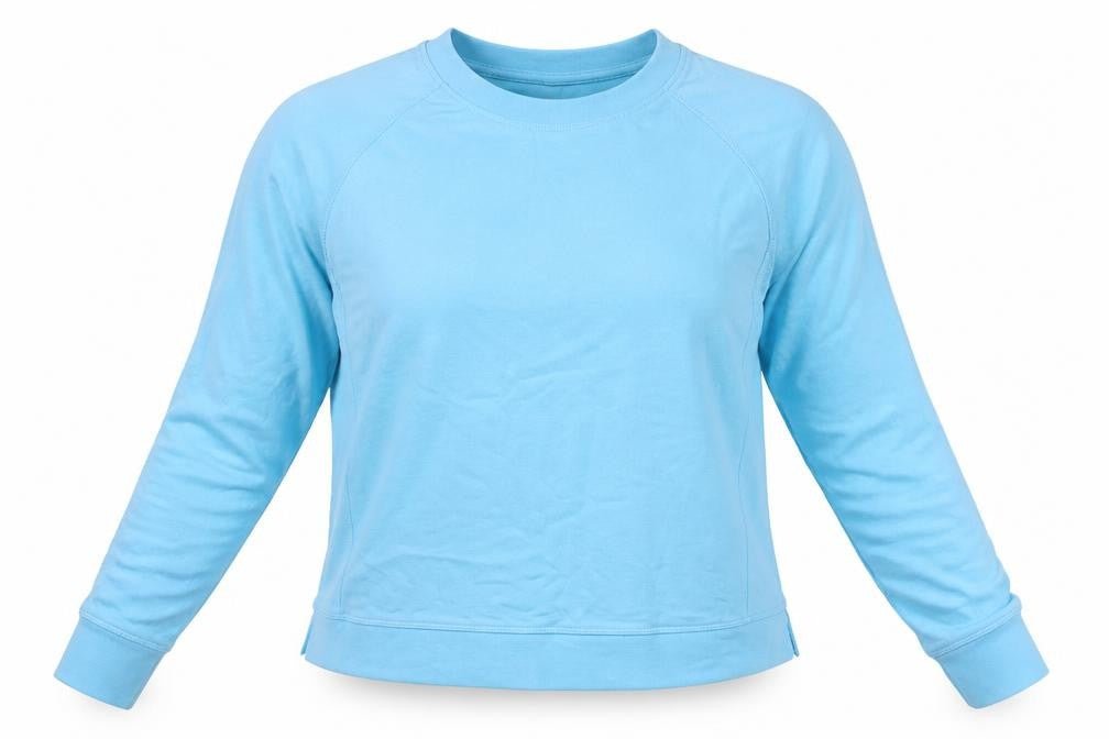 Front view of Sweaty Betty Women's Blue Crew Neck Cotton Modal Pullover Sweatshirt, size S