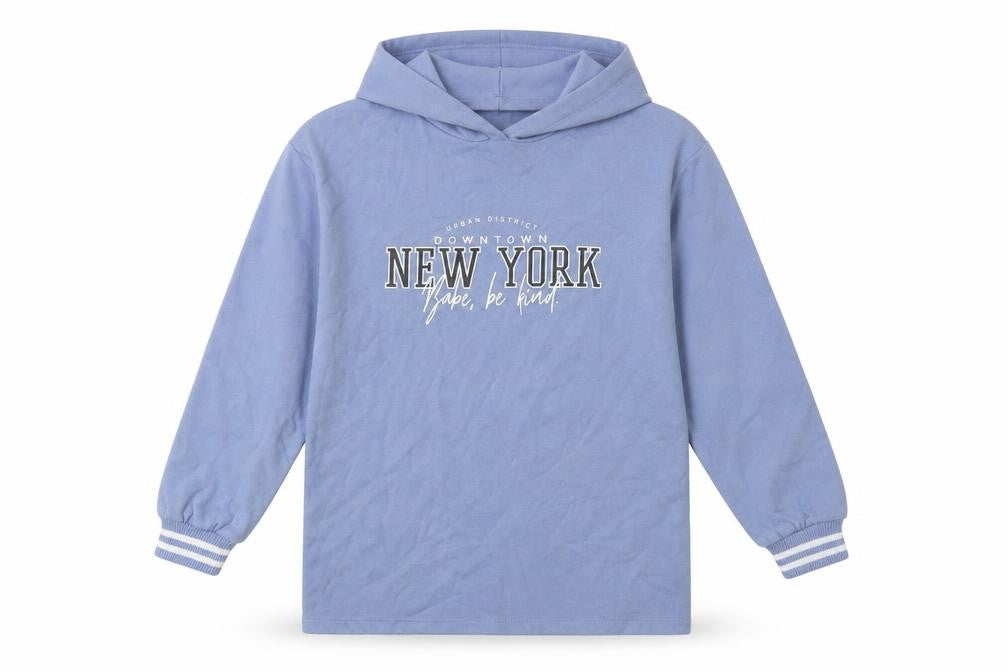 Front view of Candy Couture girls’ blue pullover hoodie 10 years graphic print