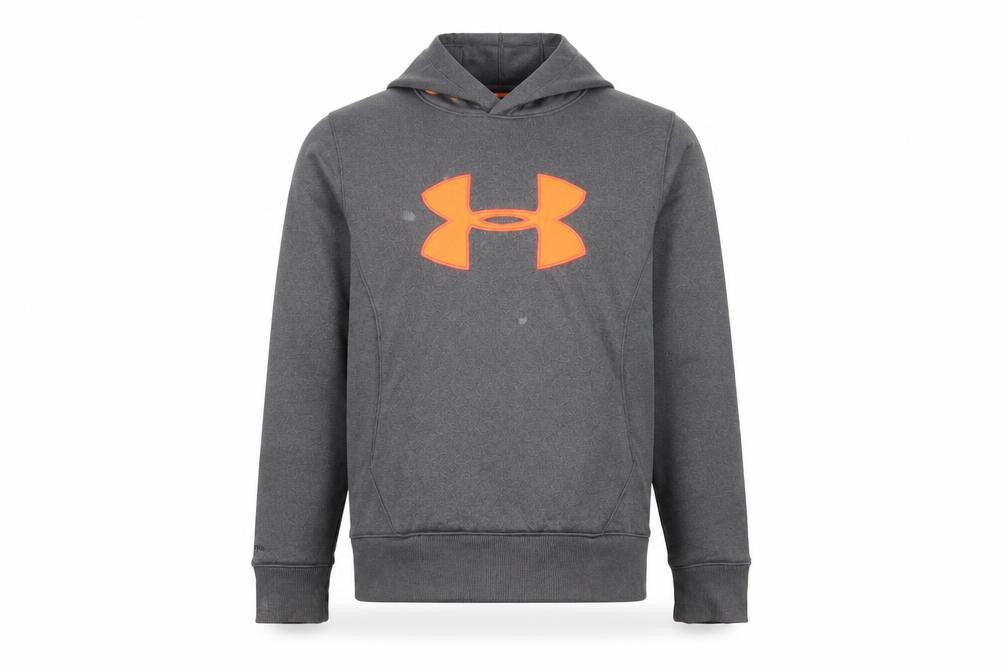 Front view of Under Armour men’s grey pullover hoodie m coldgear logo sportswear