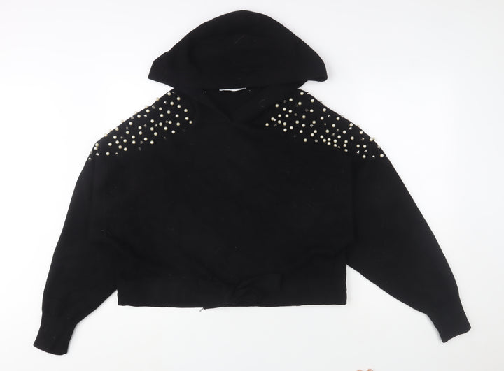 ZARA Women’s Black Beaded Hooded Pullover Jumper Size M