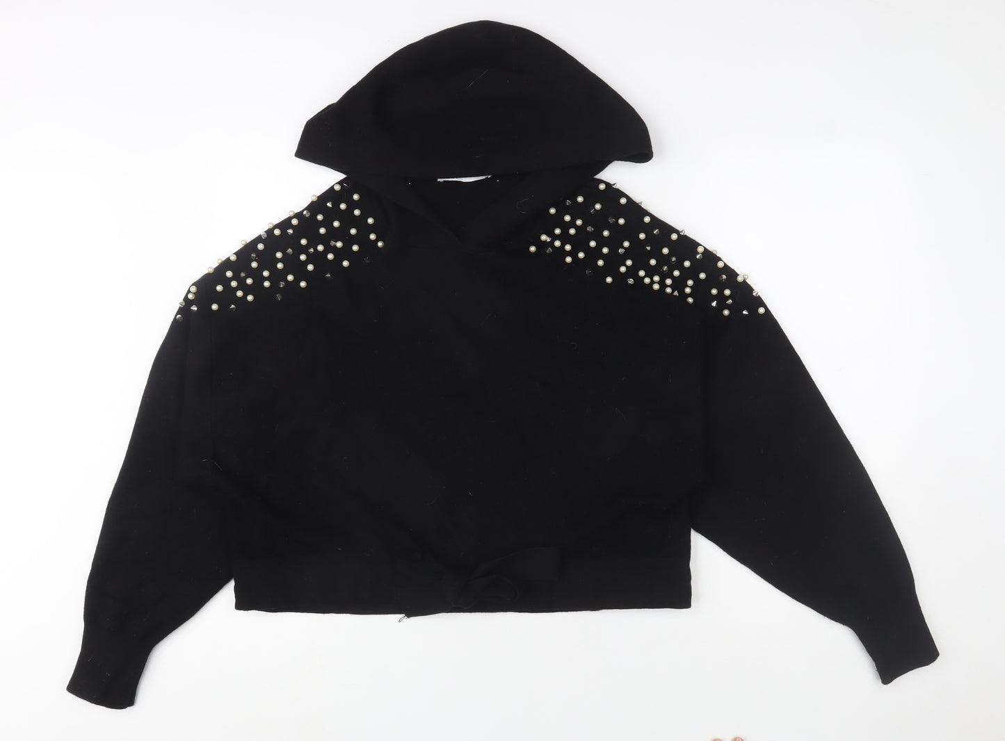 ZARA Women’s Black Beaded Hooded Pullover Jumper Size M
