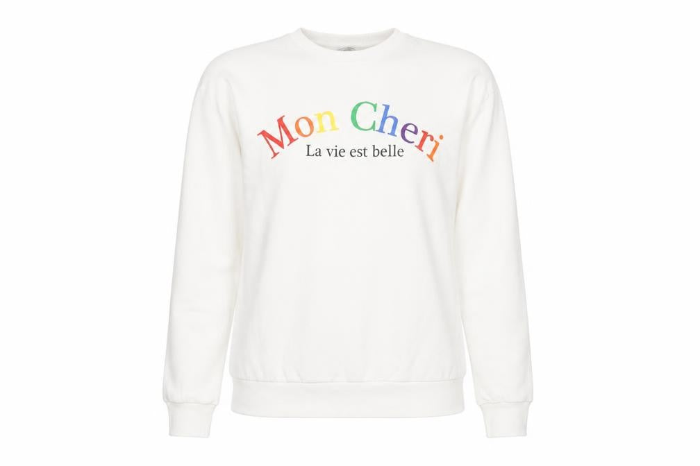 Front view of George Women White Mon Cheri Rainbow Print Pullover Sweatshirt, size M