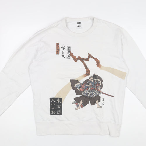 Uniqlo Men White Graphic Art Sweatshirt S Pullover Crew Neck MFA Boston