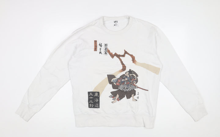 Uniqlo Men White Graphic Art Sweatshirt S Pullover Crew Neck MFA Boston