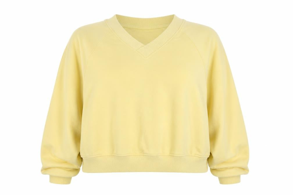 Front view of Topshop Women Petite Yellow V-Neck Long Sleeve Pullover Sweatshirt M