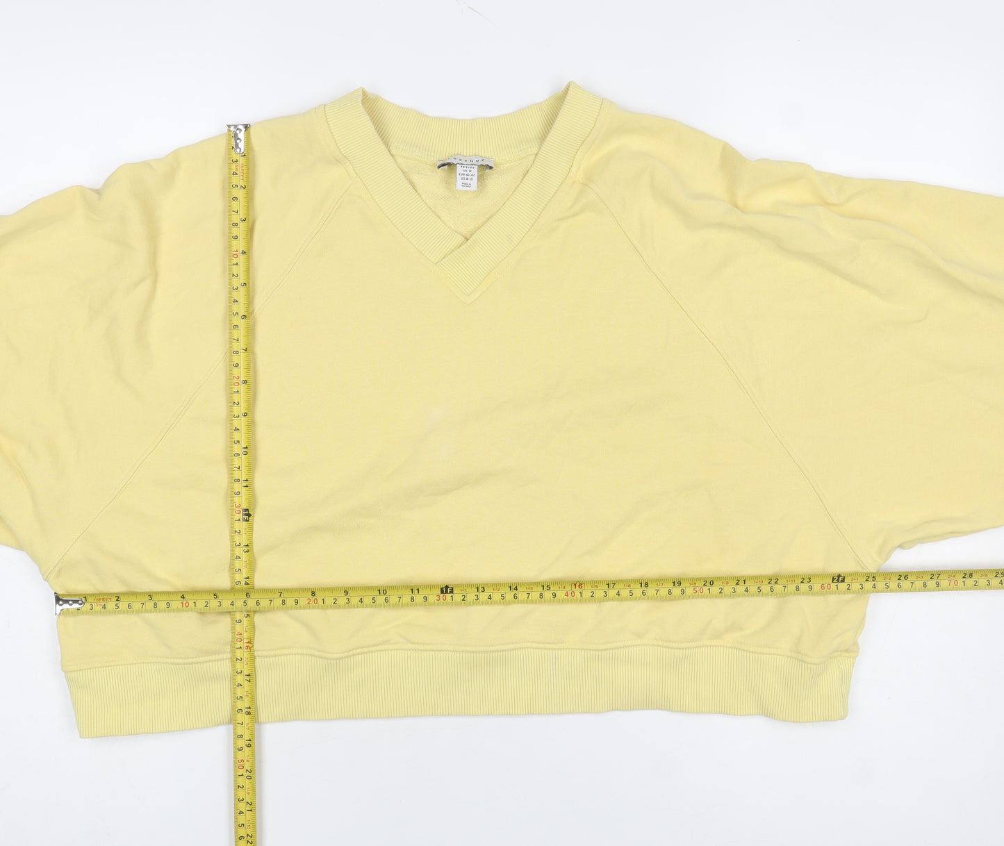 Topshop Women Petite Yellow V-Neck Long Sleeve Pullover Sweatshirt M
