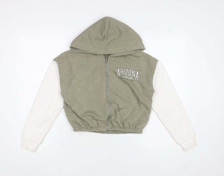 New Look Girls Green Arizona Print Cropped Hooded Zip Jacket - Size 10 Years
