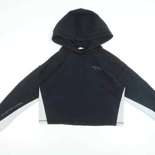 Jack Wills Womens Black Grey Cropped Hoodie UK 12 Pullover Cotton