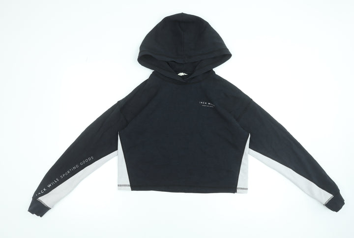 Jack Wills Womens Black Grey Cropped Hoodie UK 12 Pullover Cotton
