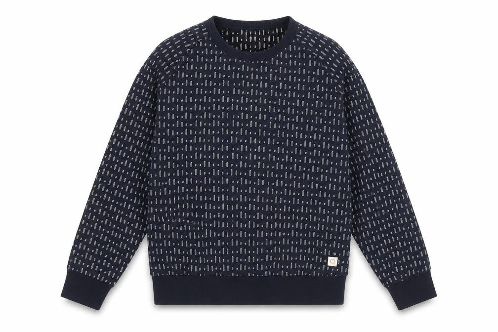 Front view of Far Afield women’s navy cotton blend patterned pullover sweatshirt, size UK 2