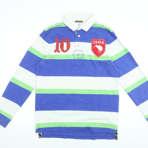 Canterbury Men's Blue Green Striped Long Sleeve Rugby Polo Shirt Size L