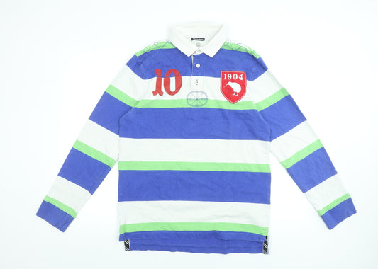 Canterbury Men's Blue Green Striped Long Sleeve Rugby Polo Shirt Size L