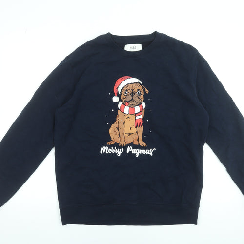 Marks and Spencer Mens Blue Christmas Pug Sweatshirt Medium Pullover
