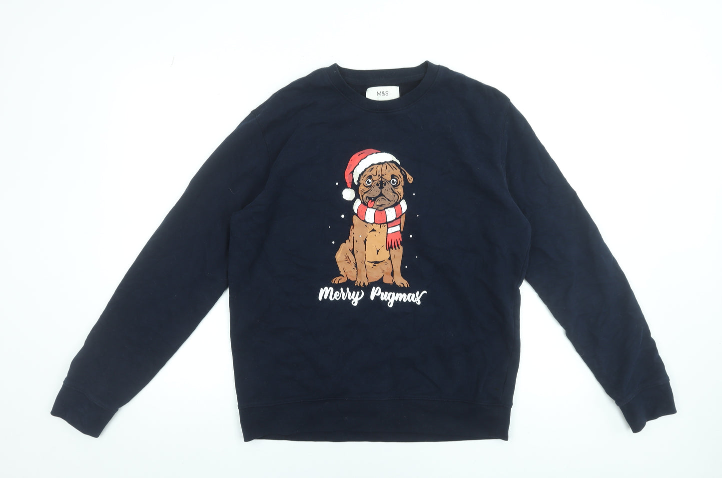 Marks and Spencer Mens Blue Christmas Pug Sweatshirt Medium Pullover