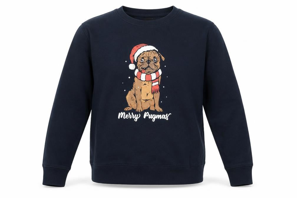 Front view of Marks & Spencer men’s blue christmas pug sweatshirt medium pullover