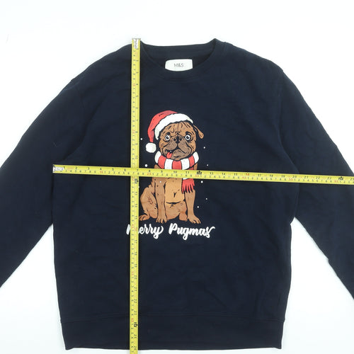 Marks and Spencer Mens Blue Christmas Pug Sweatshirt Medium Pullover