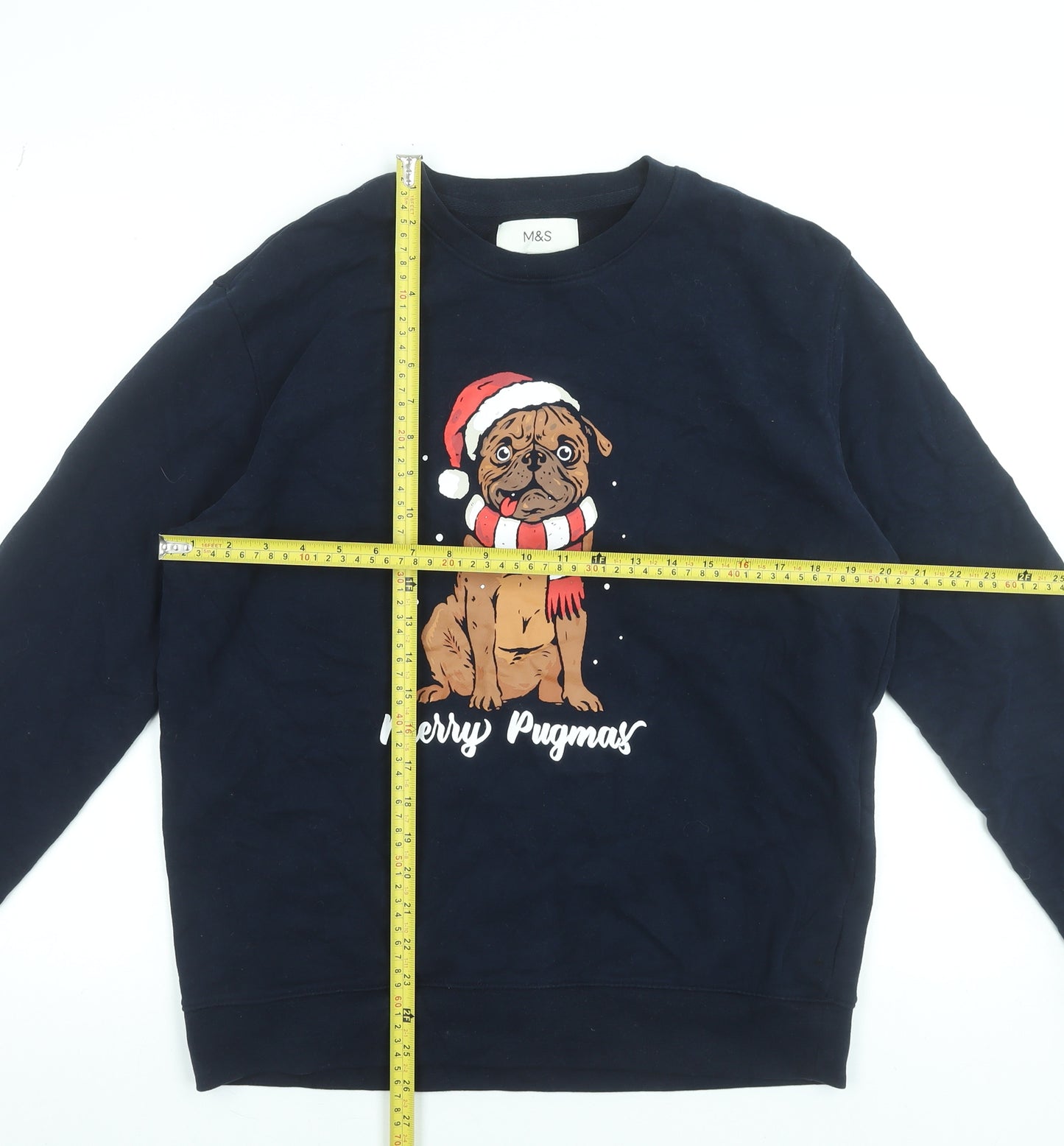 Marks and Spencer Mens Blue Christmas Pug Sweatshirt Medium Pullover