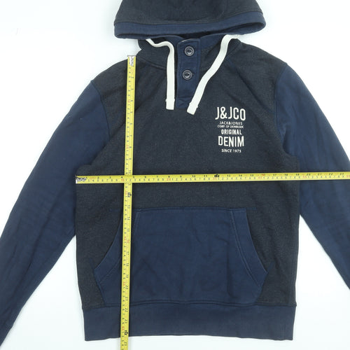 Jack & Jones Men's Blue Henley Hoodie Size M Graphic Print Hooded Sweatshirt