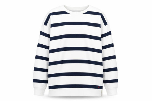 Front view of Crew Clothing women’s navy white striped cotton sweatshirt, size UK 18