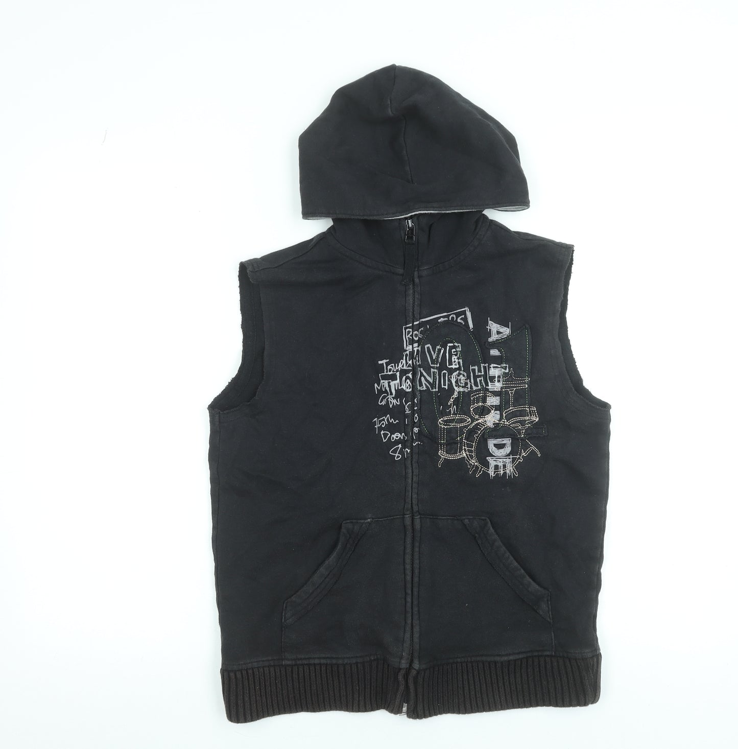 Next Boys Black Sleeveless Full Zip Hoodie Vest 9 Years 100% Cotton Rock Print