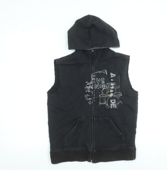 Next Boys Black Sleeveless Full Zip Hoodie Vest 9 Years 100% Cotton Rock Print