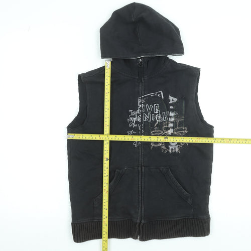 Next Boys Black Sleeveless Full Zip Hoodie Vest 9 Years 100% Cotton Rock Print