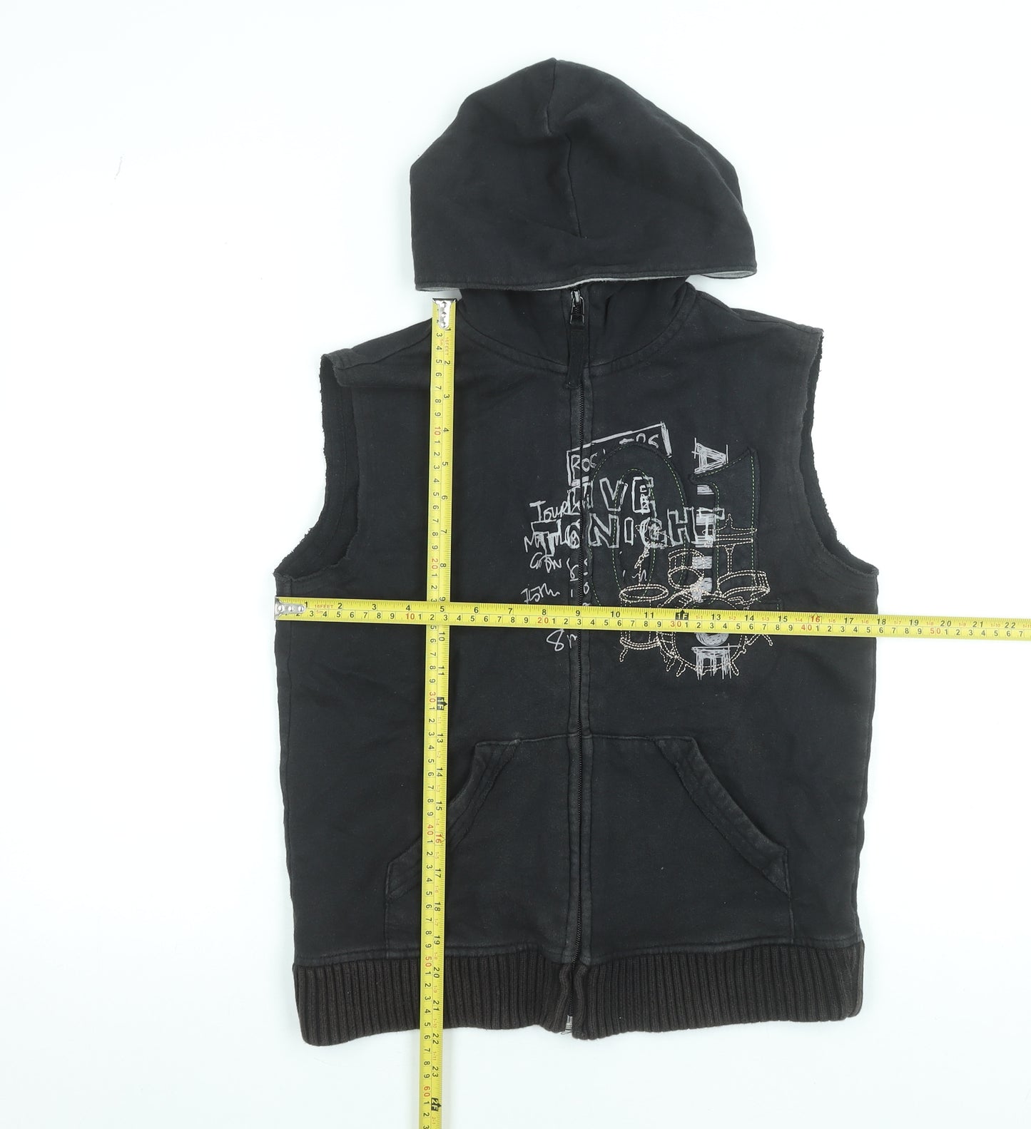 Next Boys Black Sleeveless Full Zip Hoodie Vest 9 Years 100% Cotton Rock Print