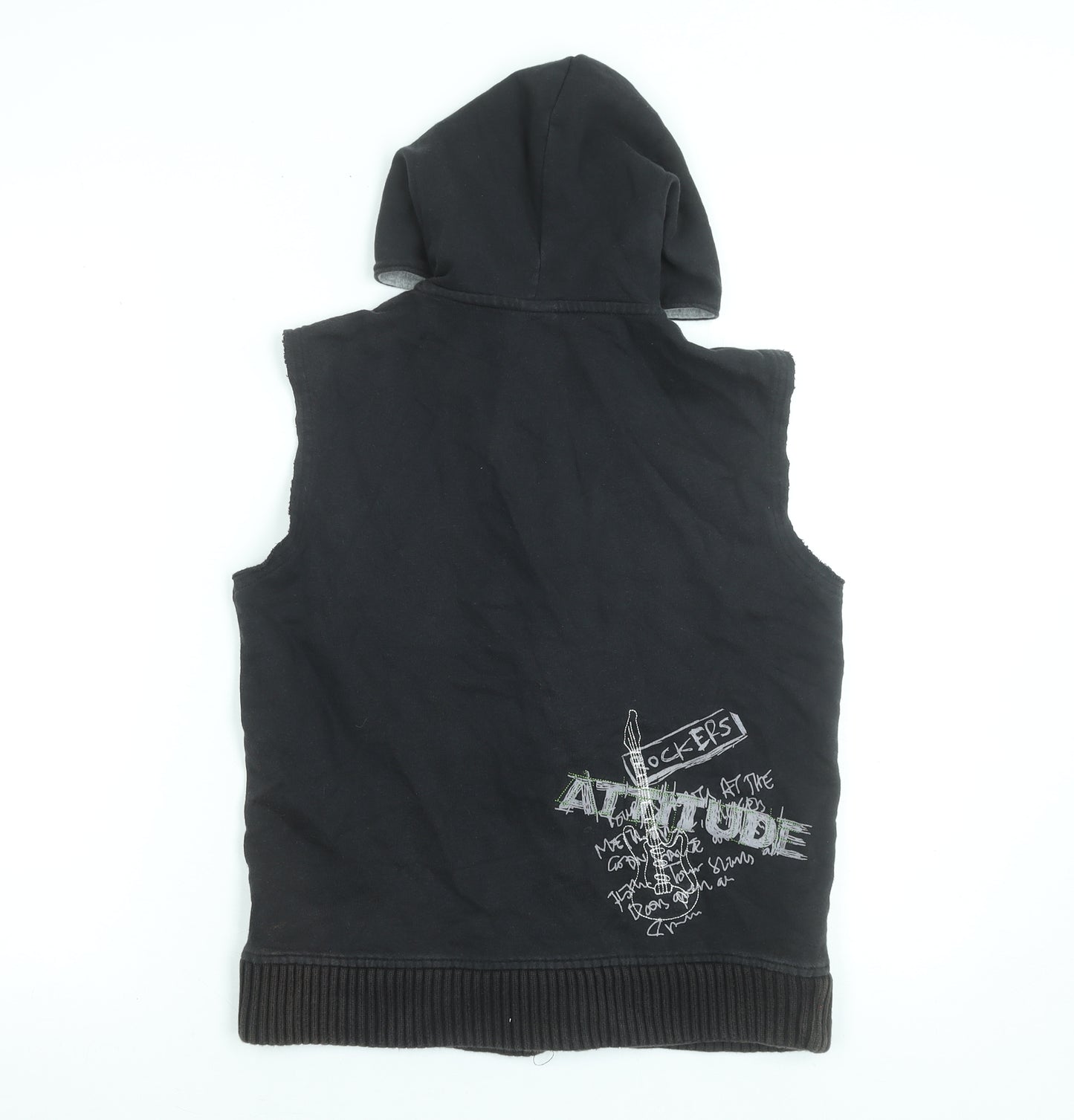 Next Boys Black Sleeveless Full Zip Hoodie Vest 9 Years 100% Cotton Rock Print