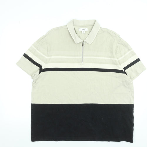 Marks and Spencer Men’s Beige Striped 1/4 Zip Cotton Polo Shirt 2XL