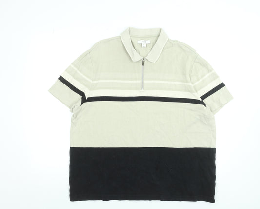 Marks and Spencer Men’s Beige Striped 1/4 Zip Cotton Polo Shirt 2XL