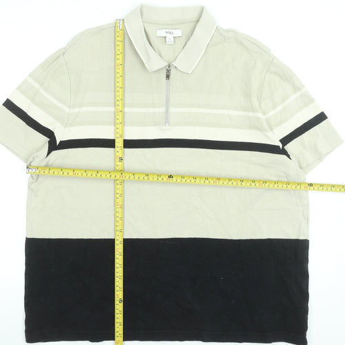 Marks and Spencer Men’s Beige Striped 1/4 Zip Cotton Polo Shirt 2XL