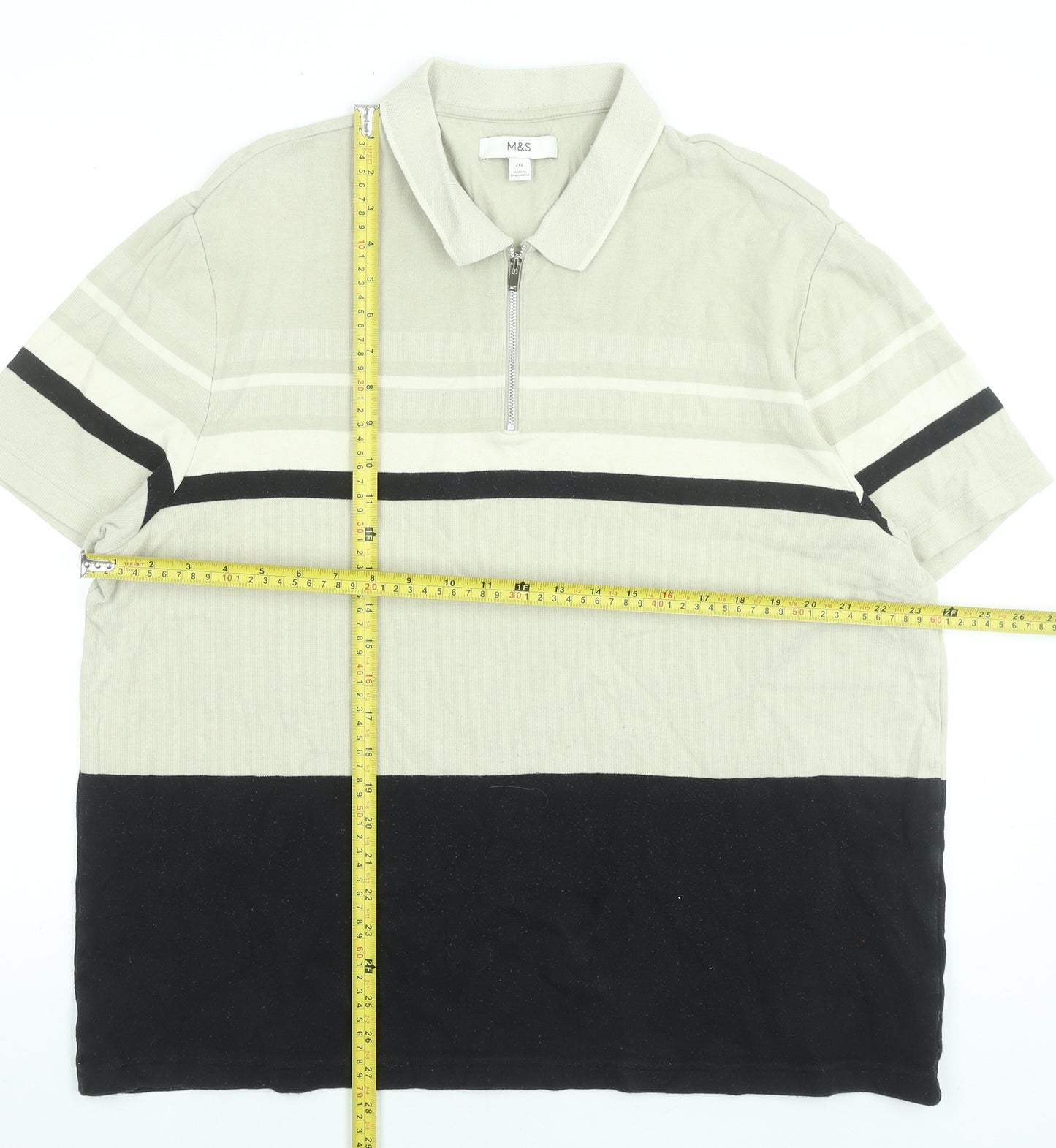 Marks and Spencer Men’s Beige Striped 1/4 Zip Cotton Polo Shirt 2XL