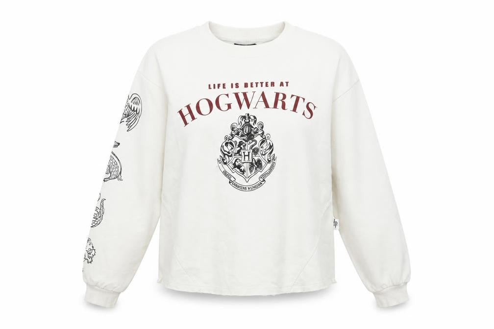Front view of Harry Potter Women’s Beige Hogwarts Sweatshirt, size S, 8-10 Pullover