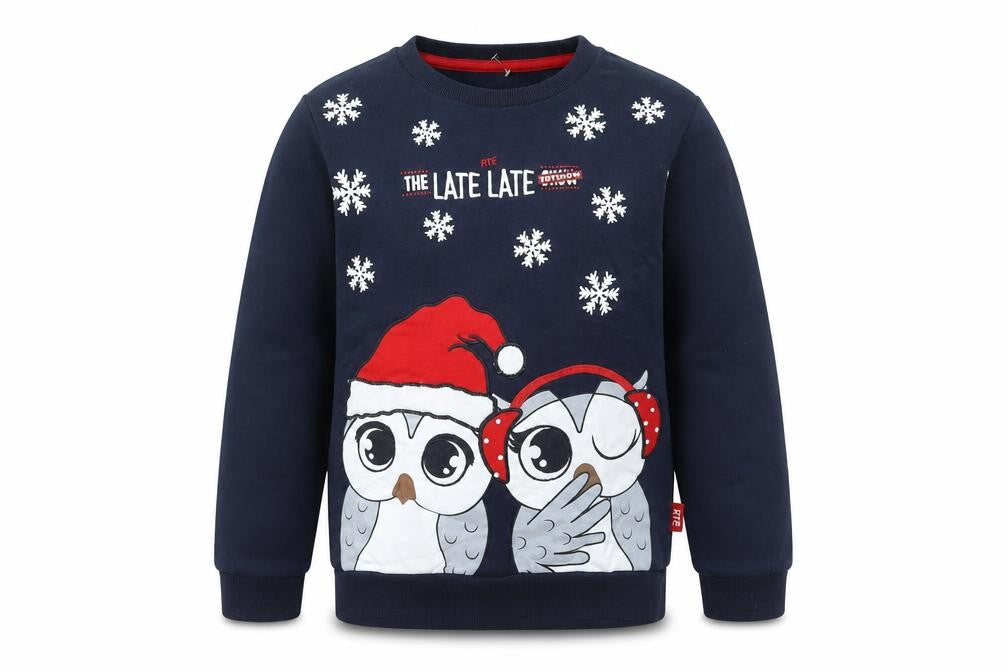 Front view of RTÉ boys’ blue christmas owl pullover sweatshirt 11-12 years