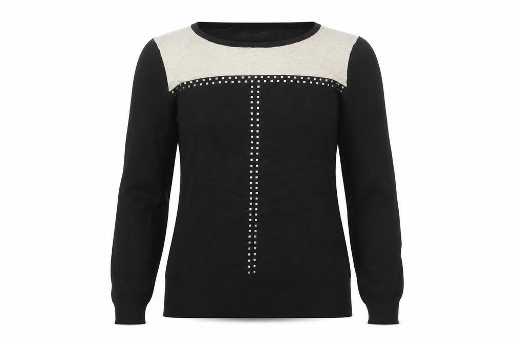 Front view of Wallis women’s black studded round neck jumper, size UK 12