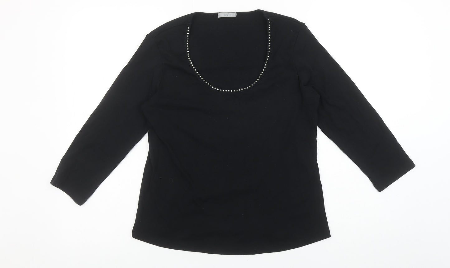 Marks and Spencer Womens Black Beaded Scoop Neck 3/4 Sleeve Cotton T-Shirt UK 14