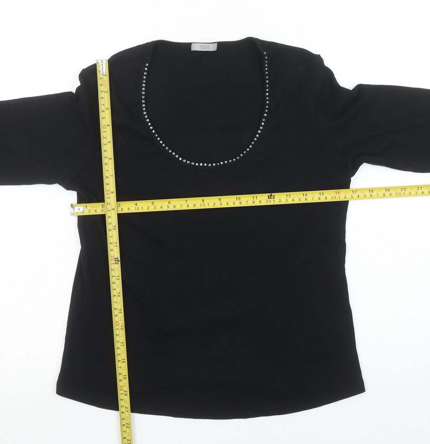 Marks and Spencer Womens Black Beaded Scoop Neck 3/4 Sleeve Cotton T-Shirt UK 14