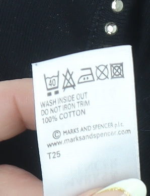 Marks and Spencer Womens Black Beaded Scoop Neck 3/4 Sleeve Cotton T-Shirt UK 14