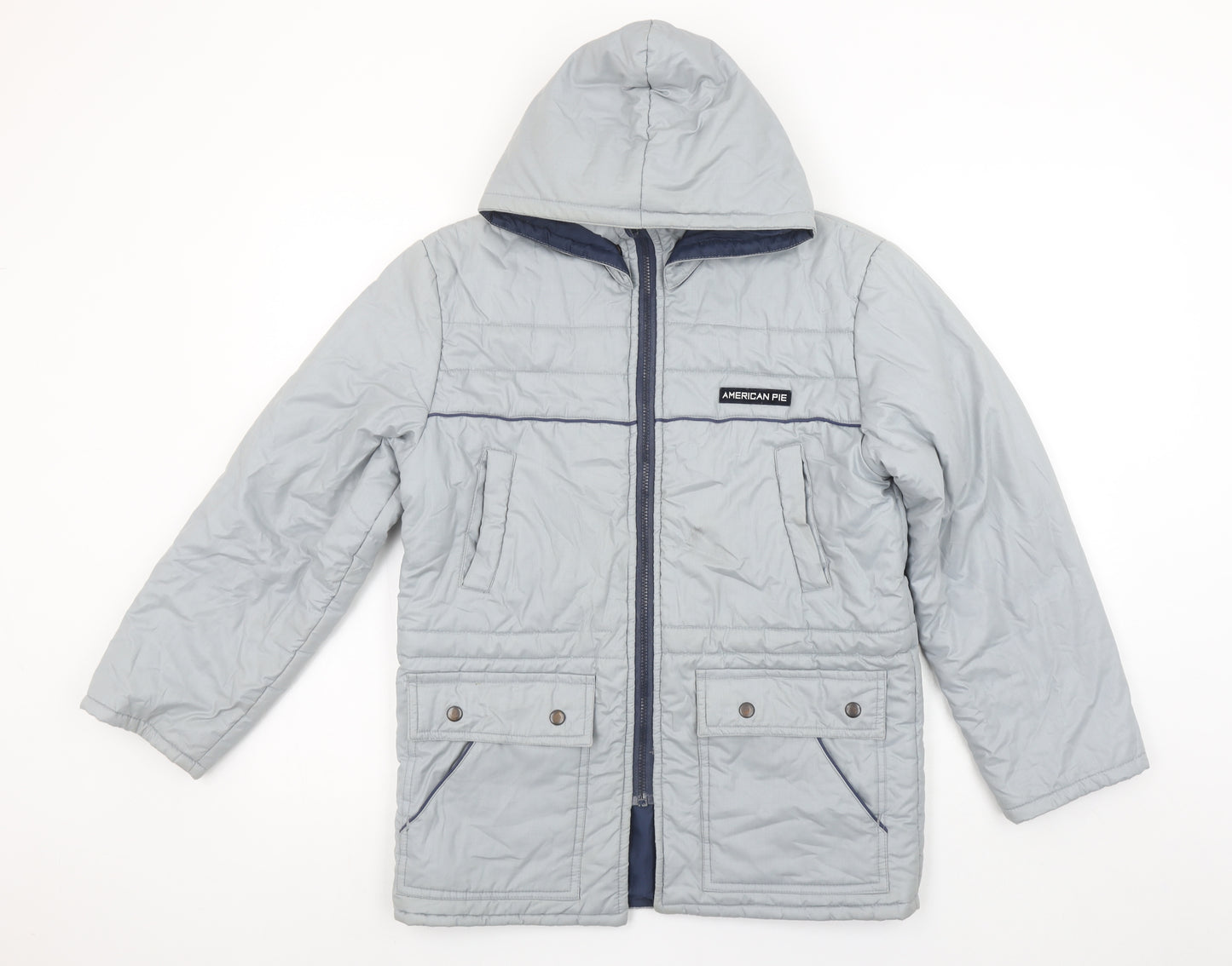 American Pie Boys Grey Hooded Puffer Jacket Size 2 Years Polyester Cotton