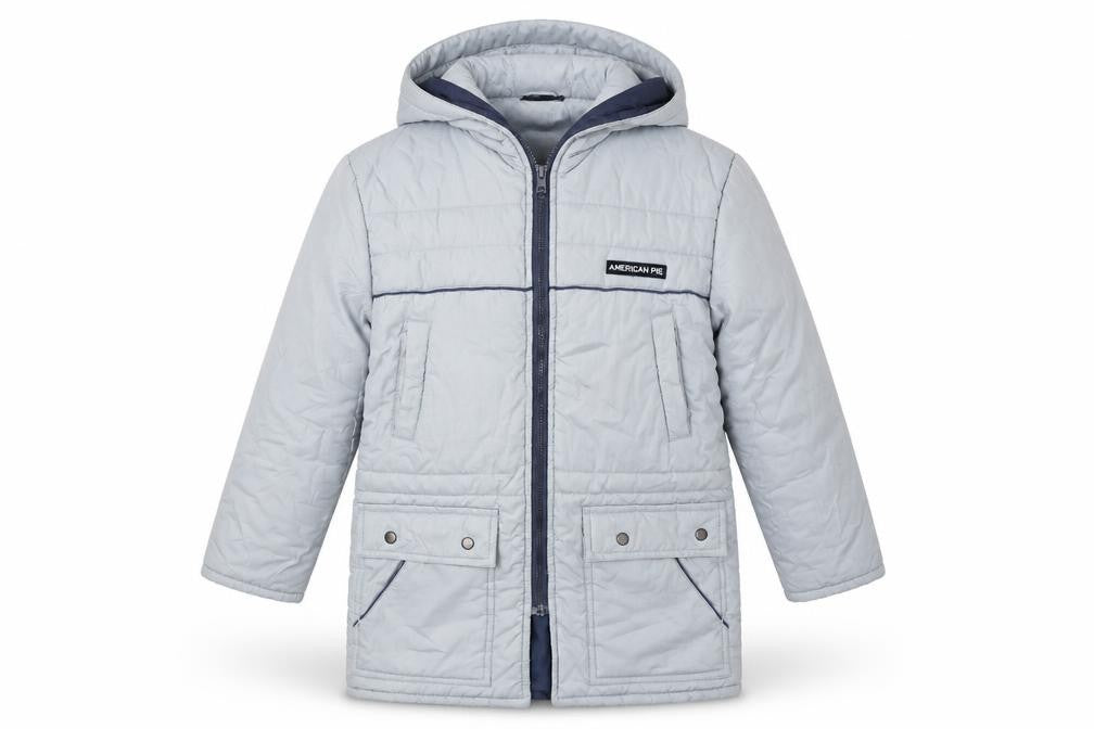 Front view of American Pie boys’ grey hooded puffer jacket, size 2, years polyester cotton