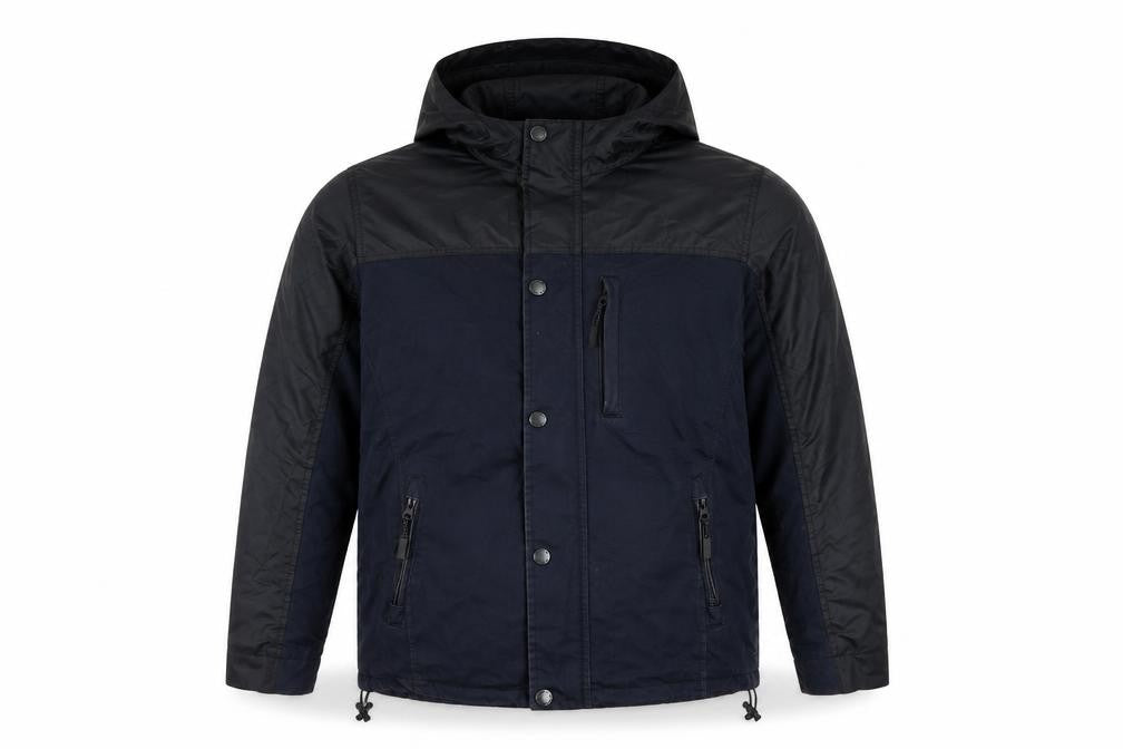 Front view of Maine New England Men's Navy Small Hooded Polyester Cotton Jacket