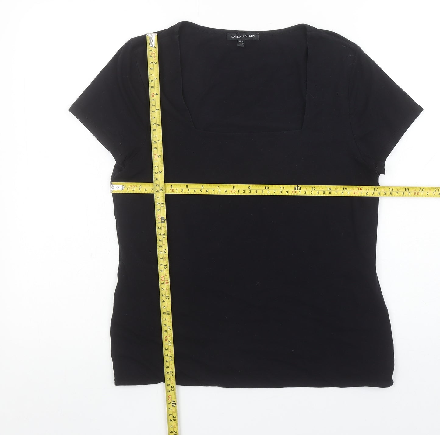 Laura Ashley Women Black Size 16 Square Neck Cotton Stretch T-Shirt